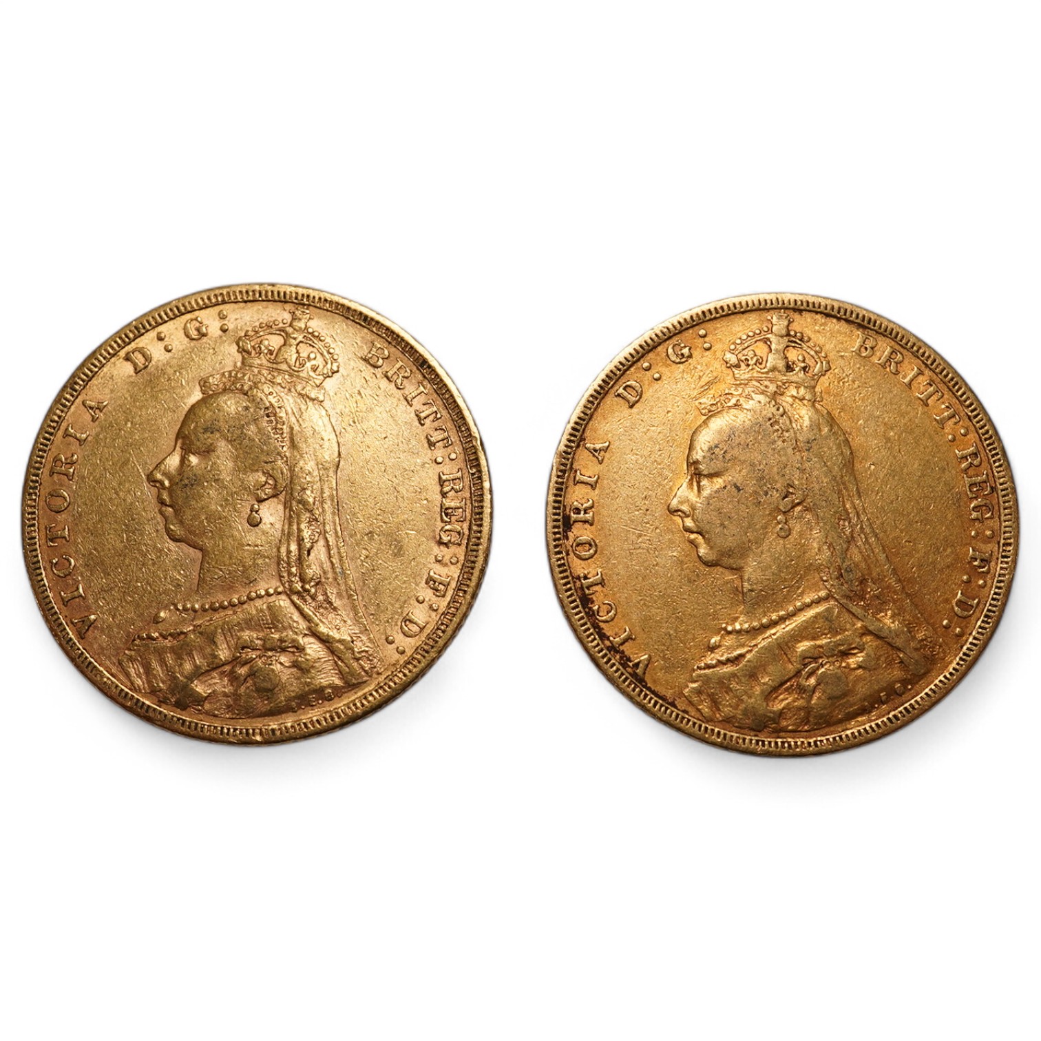 Australia gold coins, Victoria, two gold sovereigns, jubilee head, 1890M, VF and 1891M, fine or better